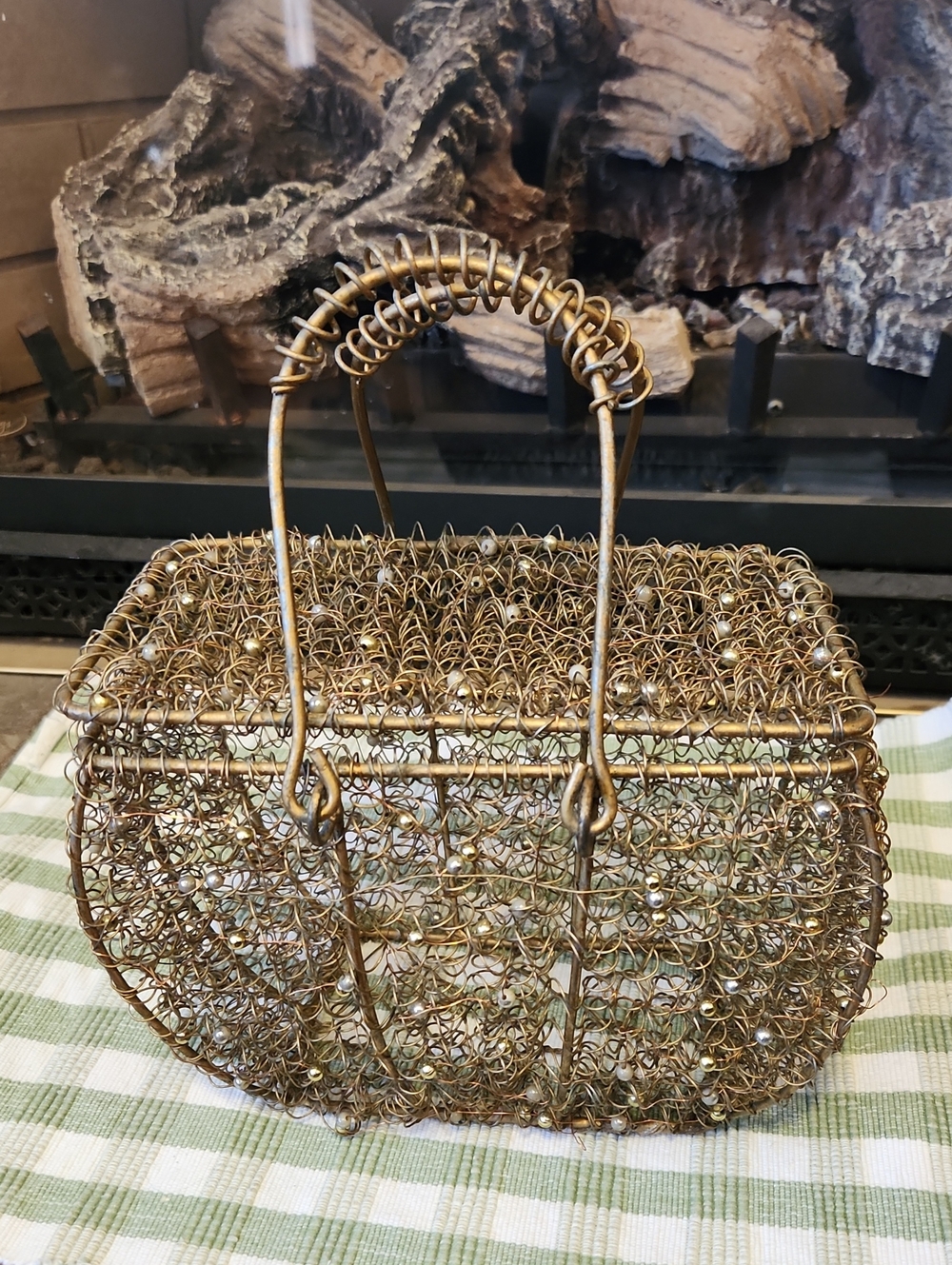 Handcrafted Gold Metallic Wire Pearl Accent Basket Tote Purse Unique Eclectic